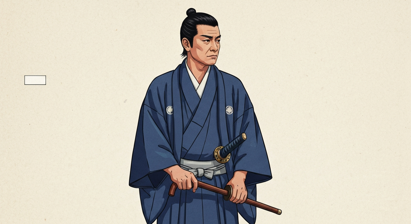 Stylized illustrated portrait of Shintaro Katsu as Zatoichi in kimono, holding his cane; woodblock/film-poster aesthetic.