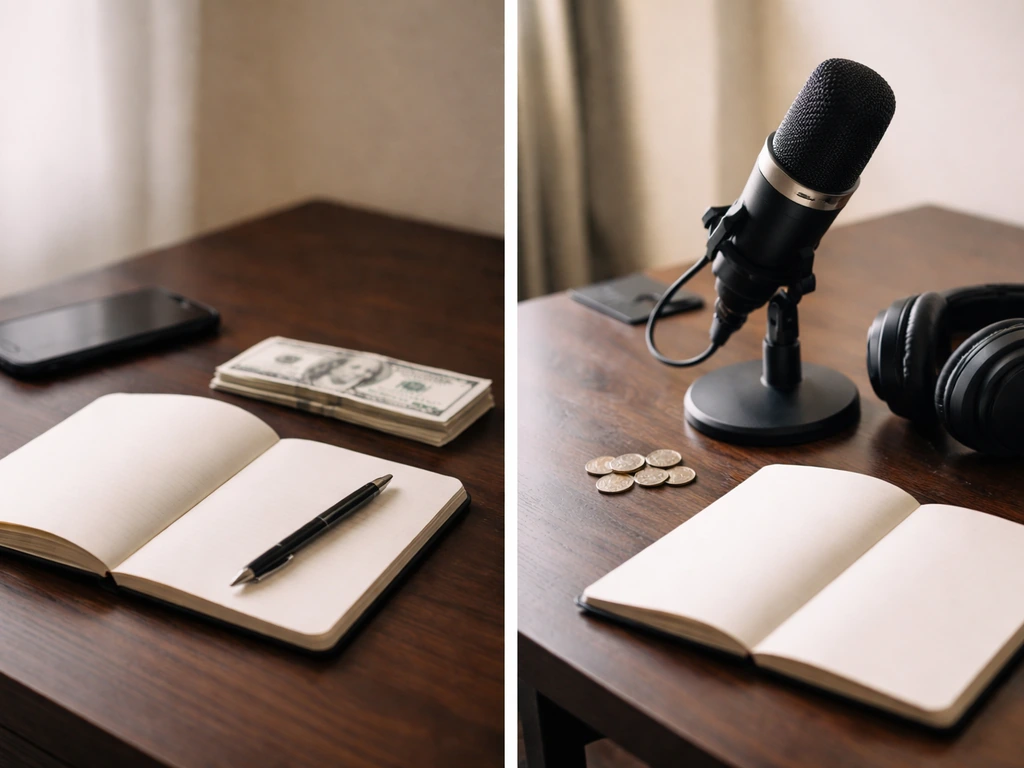 Minimal split-screen desk scenes with cash, coins, blank notebooks, and a microphone to symbolize net-worth estimate spr