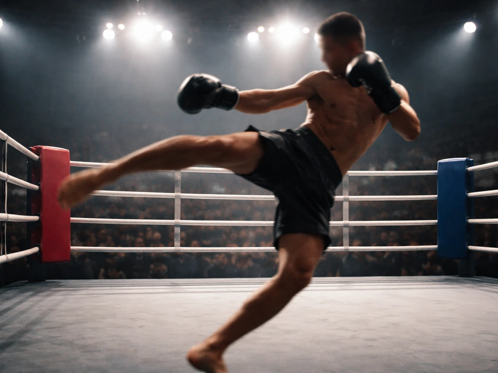 Kickboxing ring with fighter in action under bright lights, evoking fight earnings