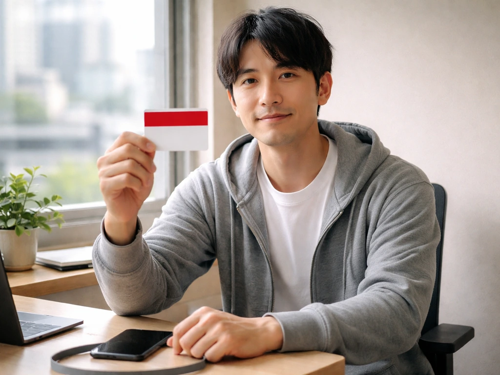 Anonymous man at a desk holding a red-and-white Rakuten Card–style payment card with phone nearby