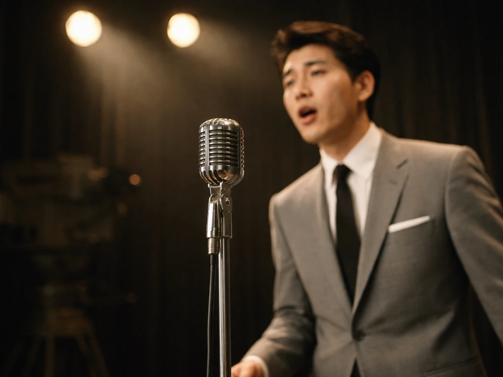 Japanese entertainer in vintage TV studio lighting, performing near a microphone on a simple stage.