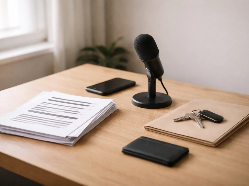 Anonymous desk scene with microphone, phone, keys, and documents symbolizing public-signal net-worth estimation.