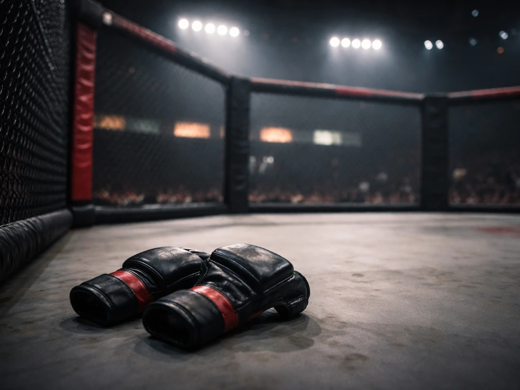 Empty MMA ring with gloves on the canvas and blurred arena banners in the background.