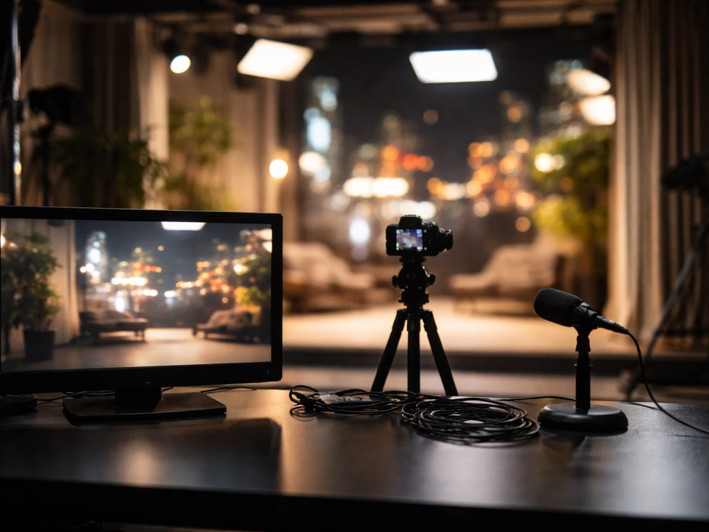 Empty TV commercial studio setup with camera, monitor, and microphone stand, evoking media endorsement deals.