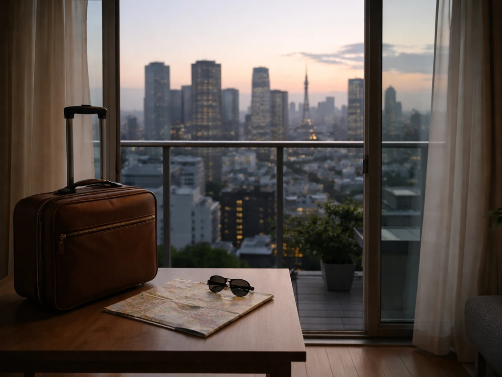 Evening Tokyo skyline from a balcony, with a suitcase and city map on a table—visible lifestyle, unknown private assets.