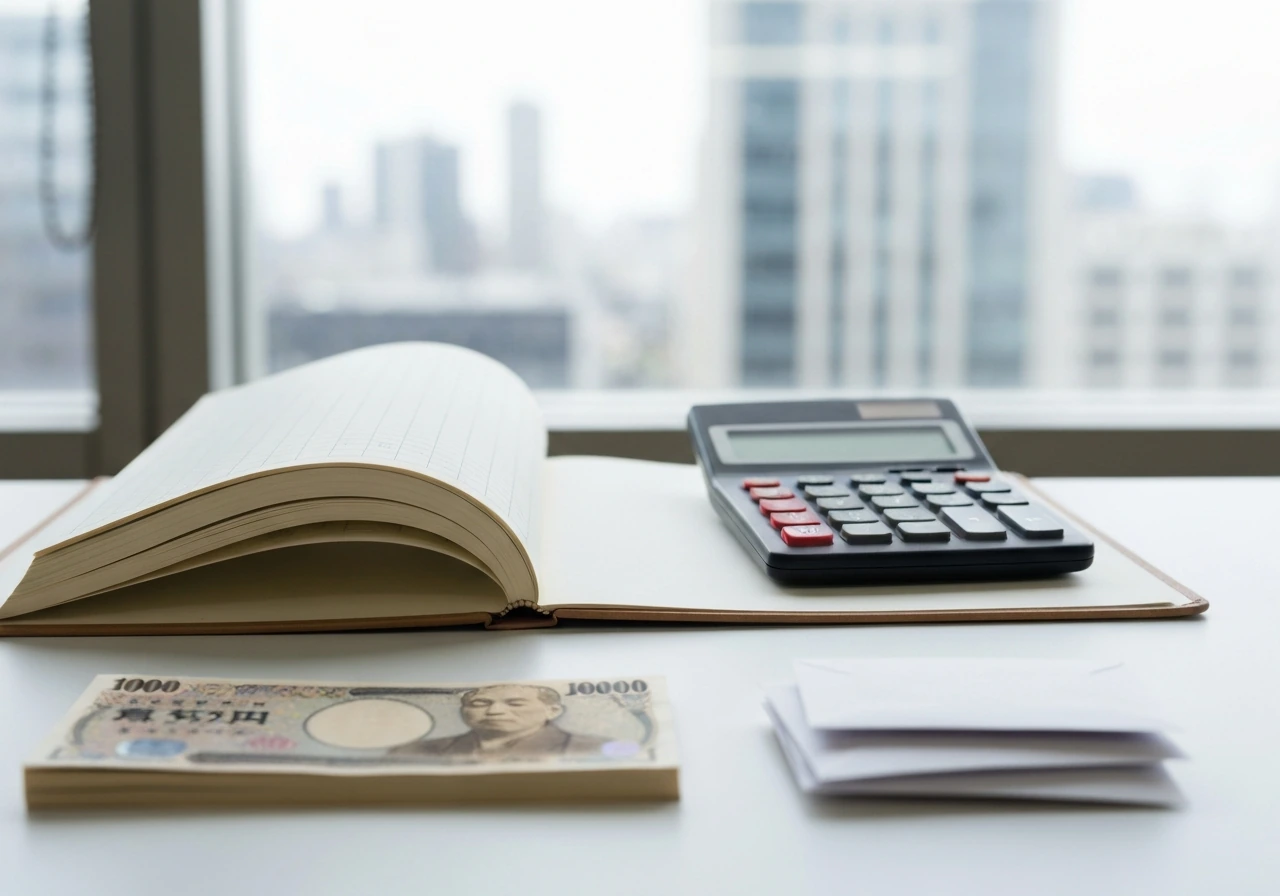 Minimal office scene showing a calculator, currency, and open ledger to symbolize net worth estimates and context