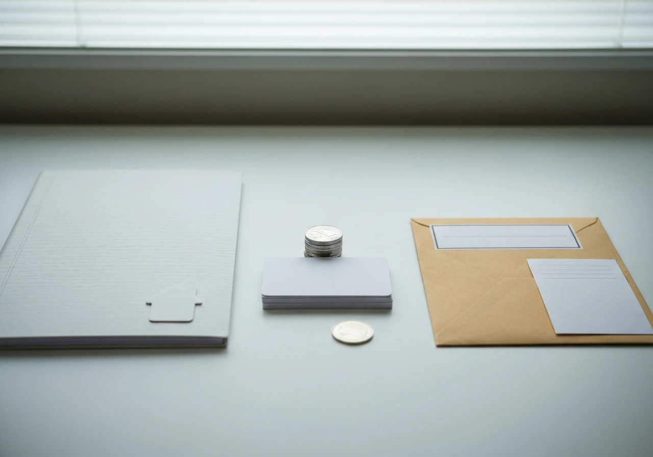 Three minimal desk items symbolizing real estate documents, investments, and debt envelopes.