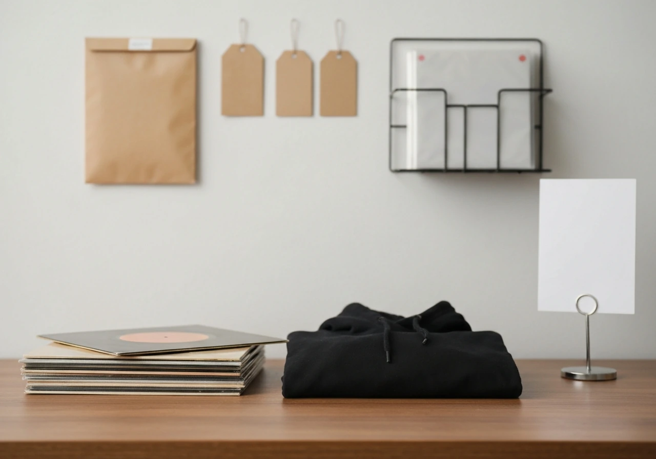 Minimal workspace with vinyl records and a small storefront-style sign suggesting independent label operations