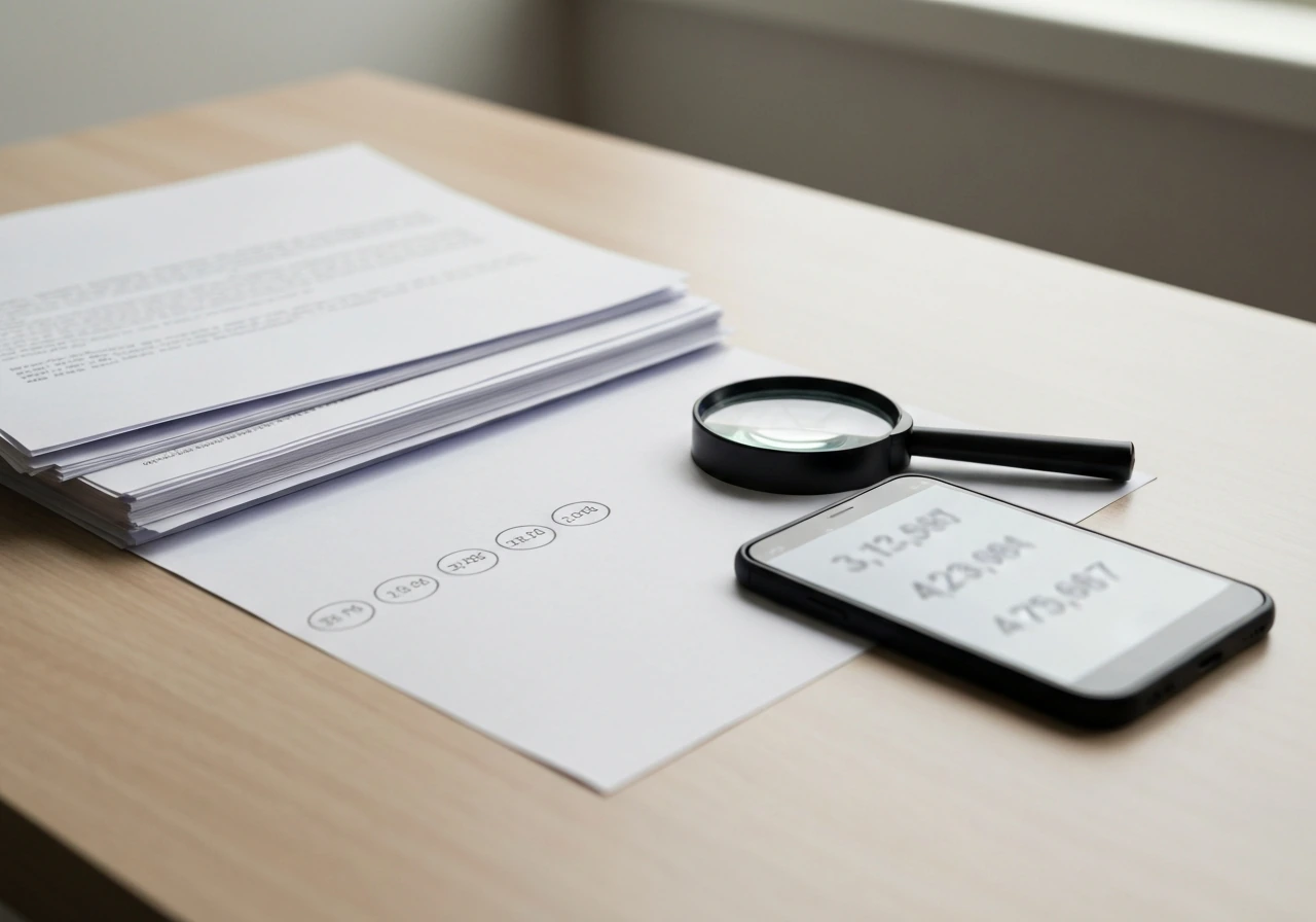 Minimal desk scene with printed documents and a phone showing numbers to verify from reliable sources