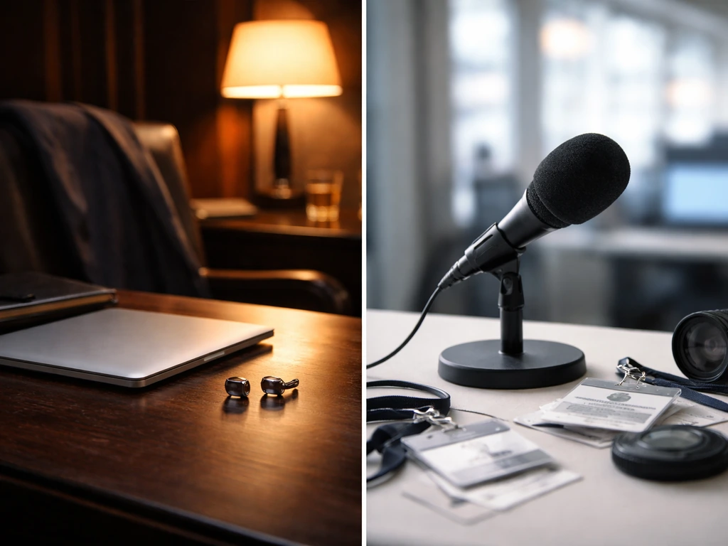 Minimal split image: luxury office wealth on one side, media press studio items on the other.