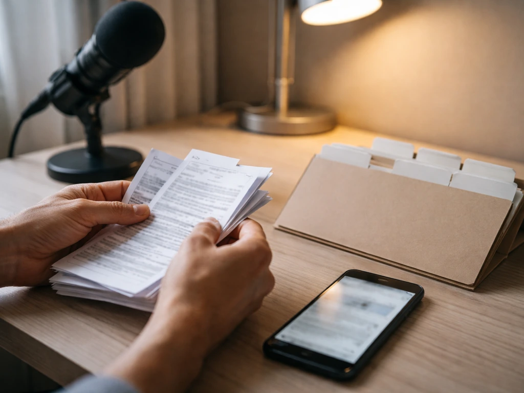 Hands reviewing printed business/media reference papers next to a phone and microphone on a quiet desk.