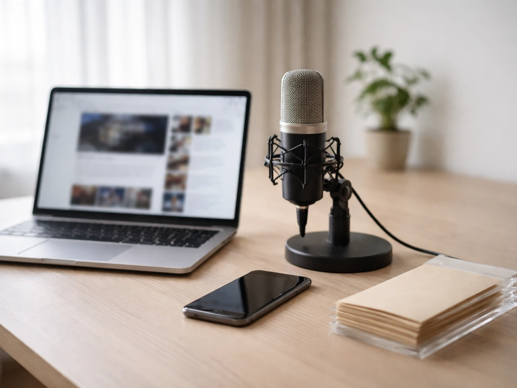 Modern home office desk with laptop, microphone, and cash envelopes symbolizing multiple income streams