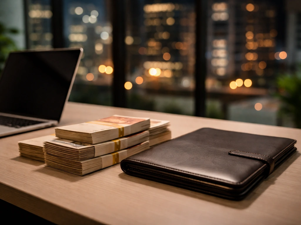 A quiet business office desk with cash envelopes, a laptop, and blurred city lights suggesting net-worth analysis.