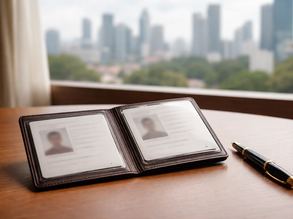 Open passport folder and pen on a desk, with a blurred city skyline implying identity/name confusion.