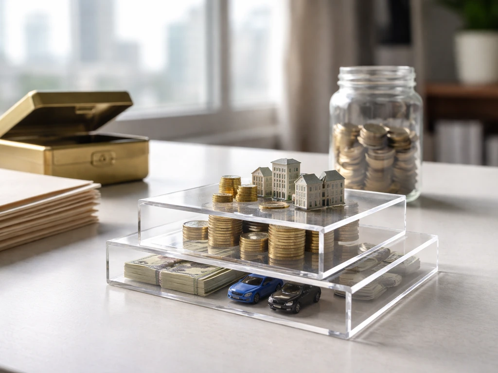 Close-up of financial documents, brass cash box, and blurred city skyline—symbolizing net worth calculations.