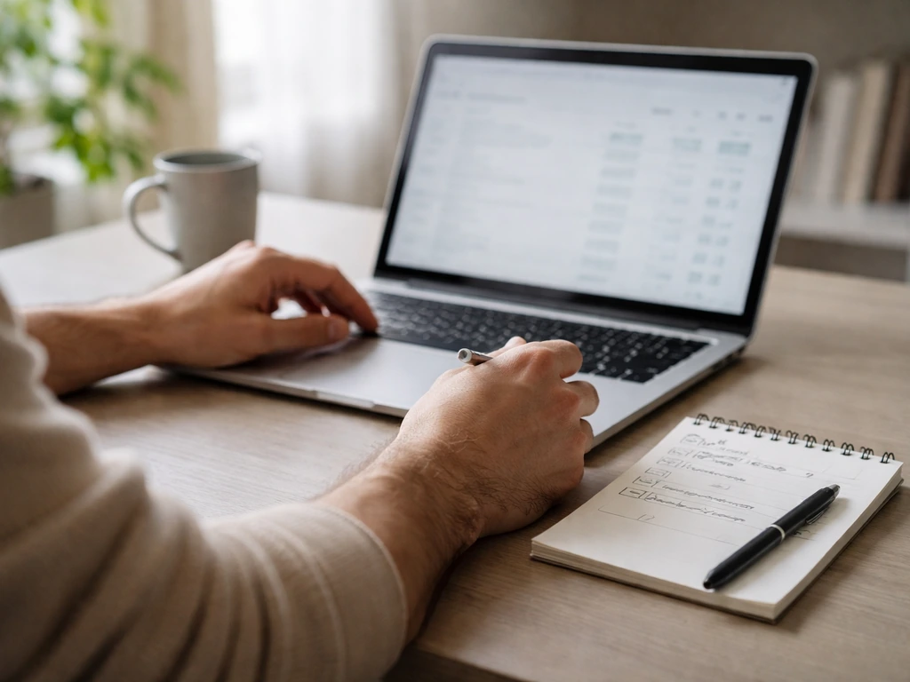 Person at a desk updating a financial estimate on a laptop with handwritten notes nearby.