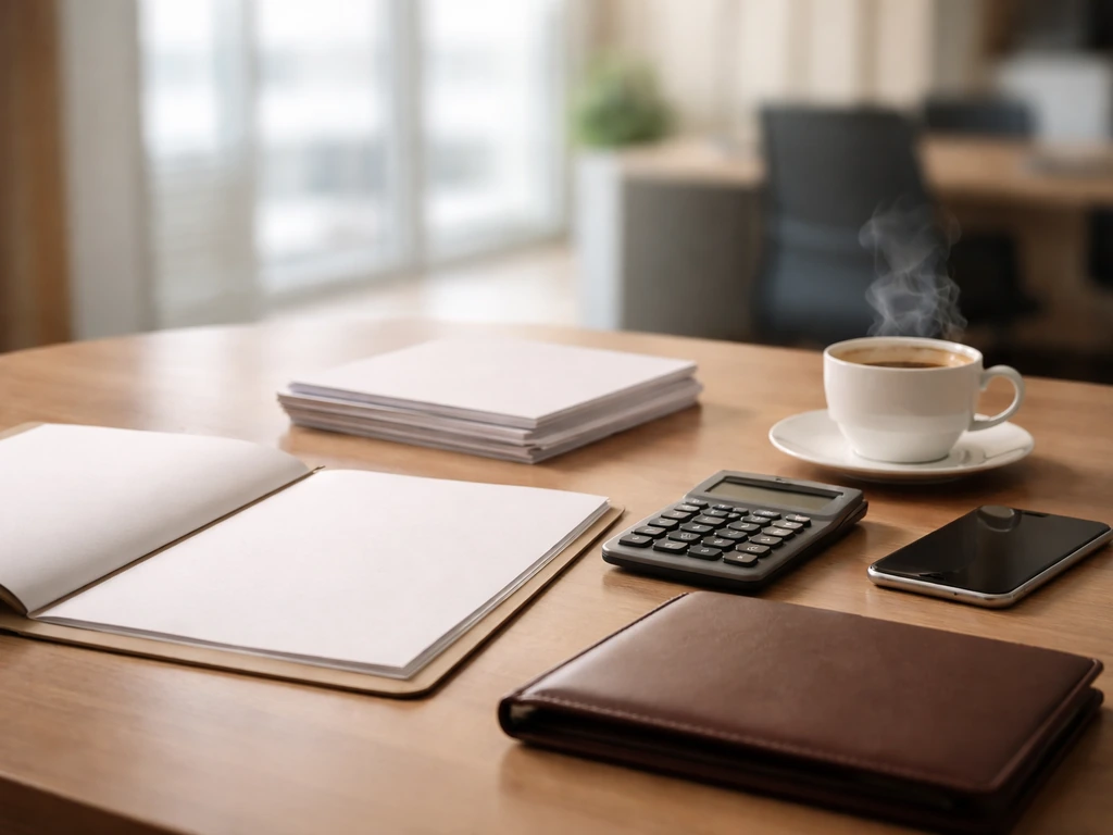 Minimal photo of a finance-themed desk with documents and a calculator, symbolizing net worth evidence