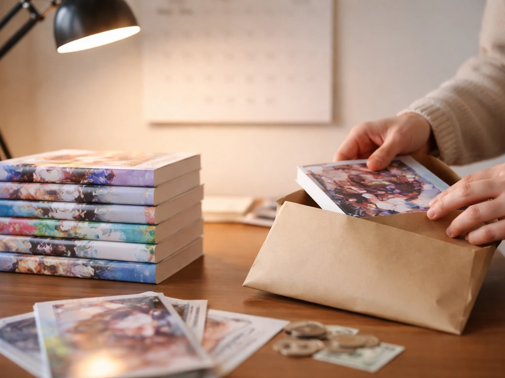 Close-up of stacked light novel books on a desk with hands preparing a shipment, symbolizing publishing revenue.