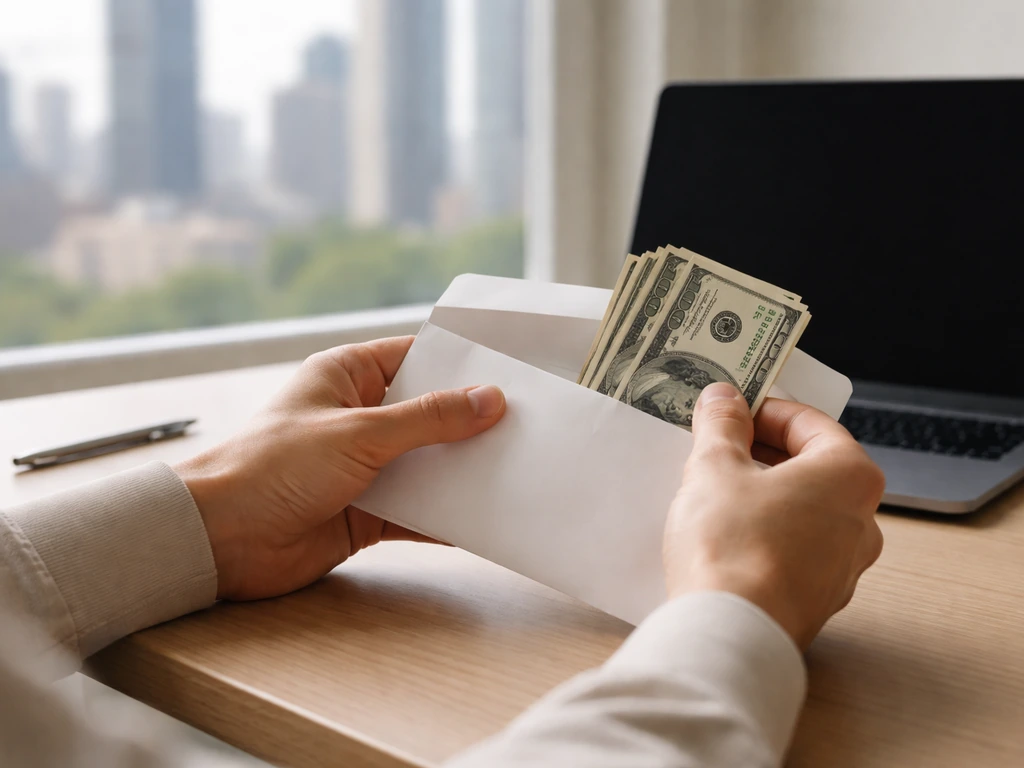 Anonymous hands at a desk with cash and an envelope, with a dark laptop and city view behind.