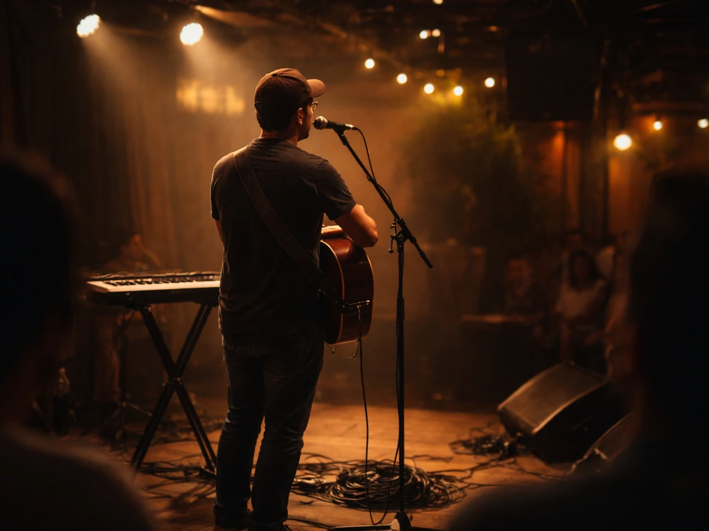 Solo musician performing on a small Brazilian stage with microphone and guitar under warm venue lights.