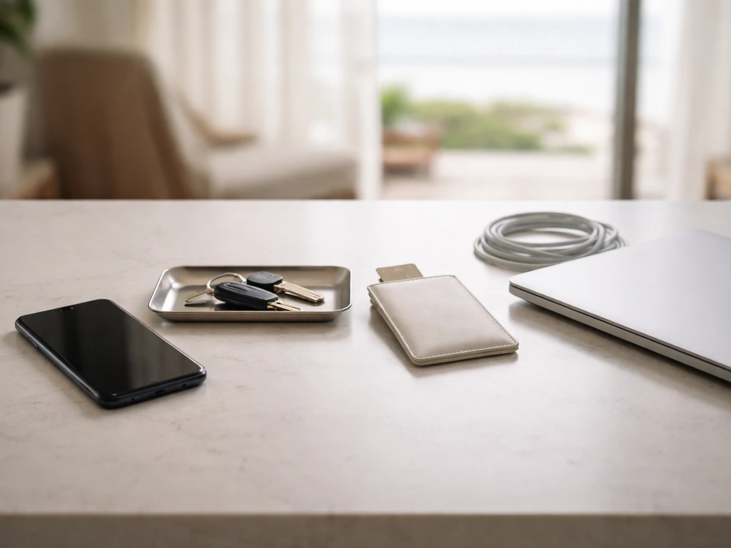 Minimal countertop scene with smartphone, keys, and laptop suggesting lifestyle and asset signals.