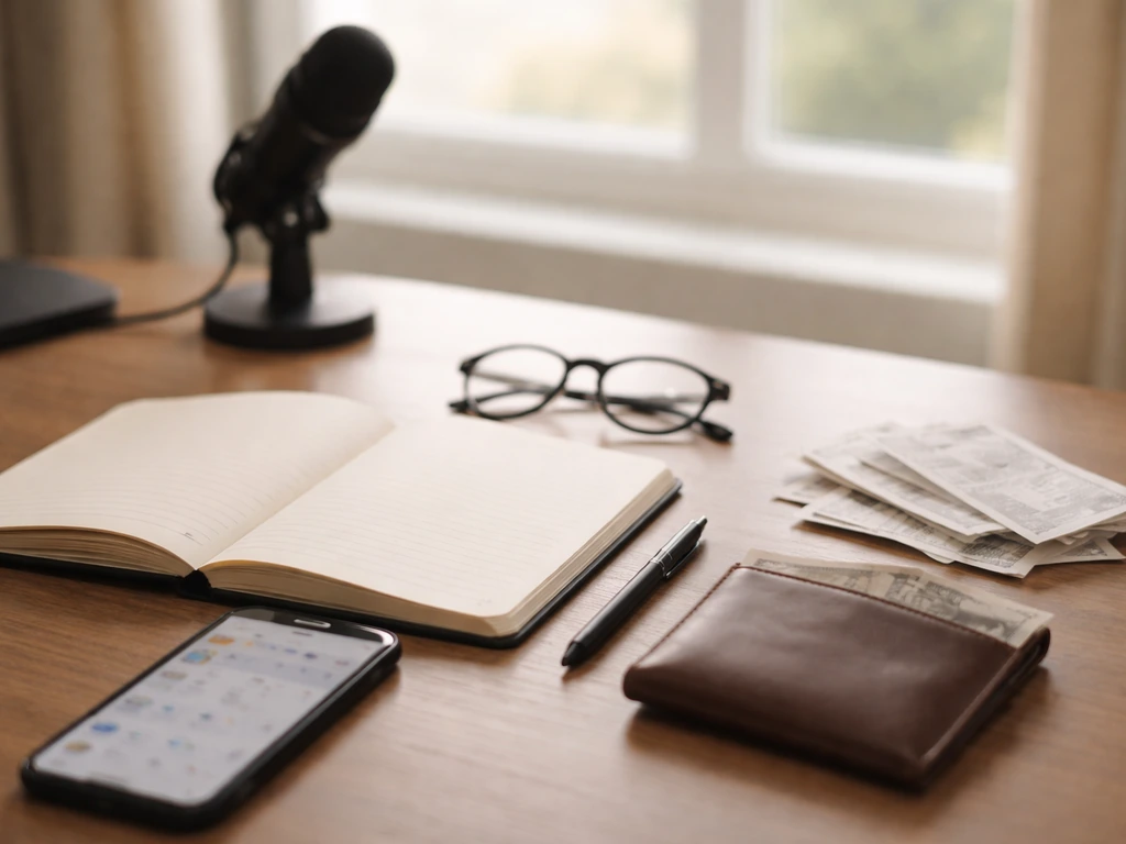 Minimal desk scene with blank notebook, phone, receipts, and wallet suggesting verification of financial estimates.