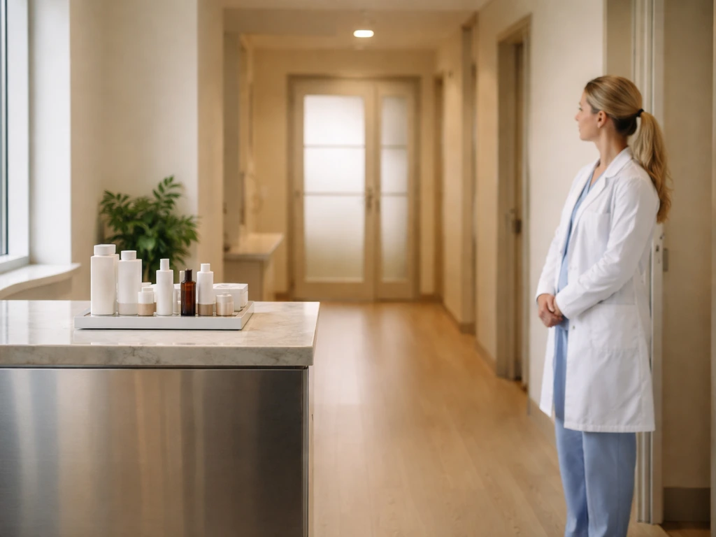 Minimal medical office scene with an anonymous clinician and clean lobby ambiance suggesting dermatology leadership.