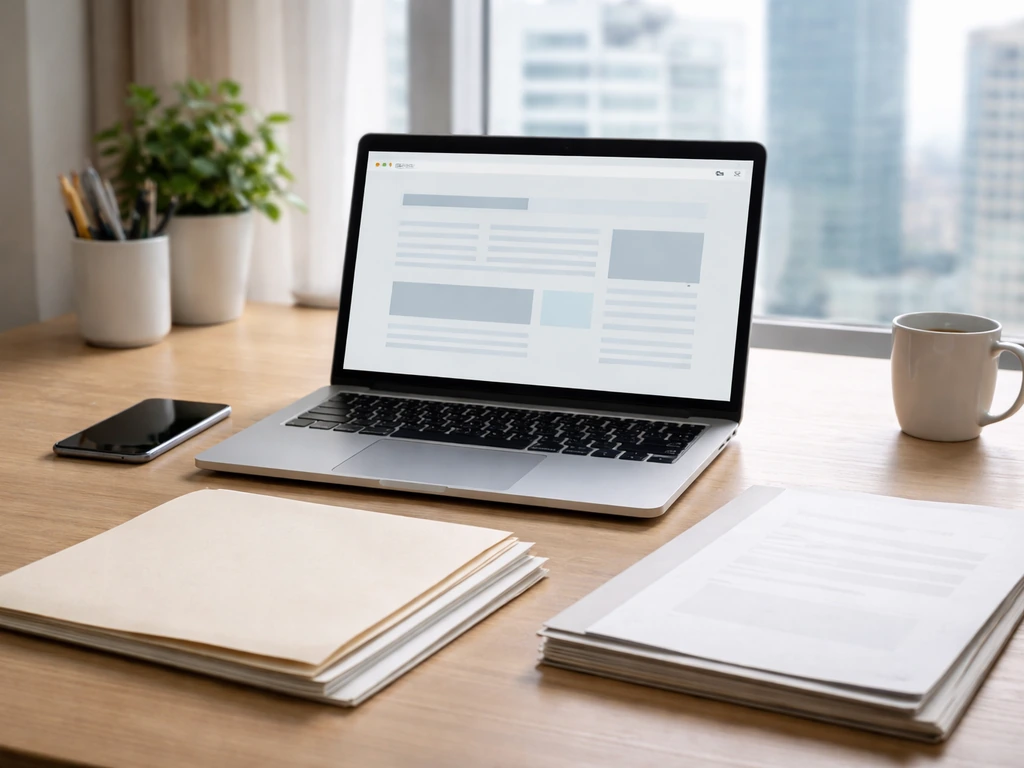 Minimal desk scene with laptop and documents suggesting SEC filings and investor-relations source review.