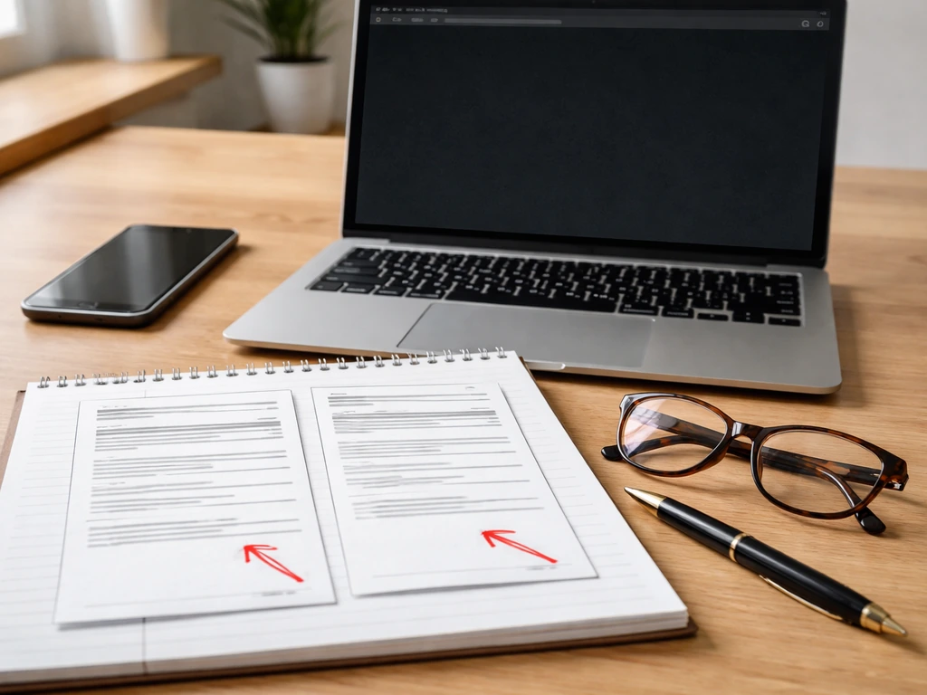 Minimal desk scene with laptop and notepad showing hand-drawn arrows indicating where to look in filings.