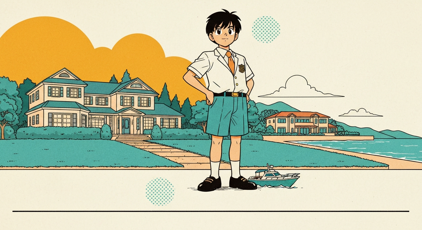 Stylized manga-inspired editorial illustration of a smug wealthy schoolboy on a lawn with a large house, seaside villa in the distance, and a toy cruiser at his feet.