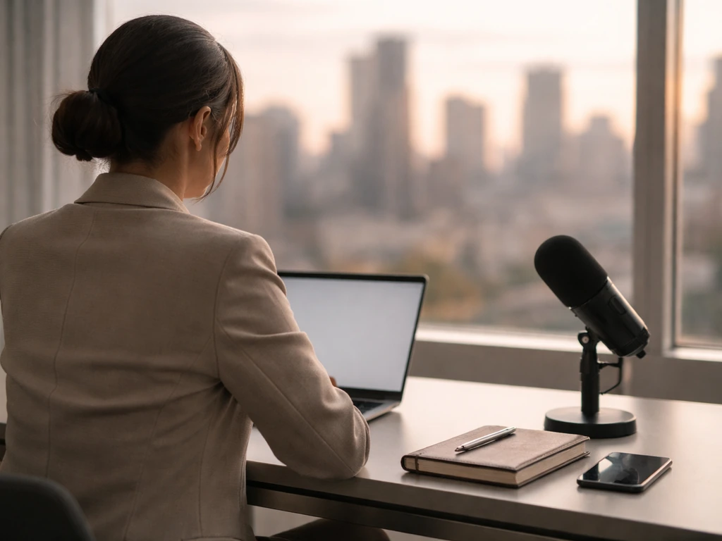 Investment professional at a quiet desk with a microphone and city view, symbolizing wealth management analysis.