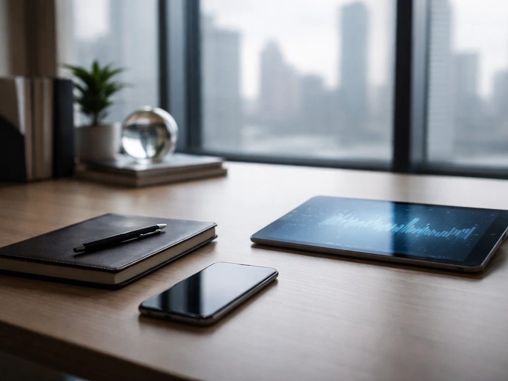 Sunlit finance office desk with tablet showing a blurred chart-like glow, symbolizing wealth and investment media.