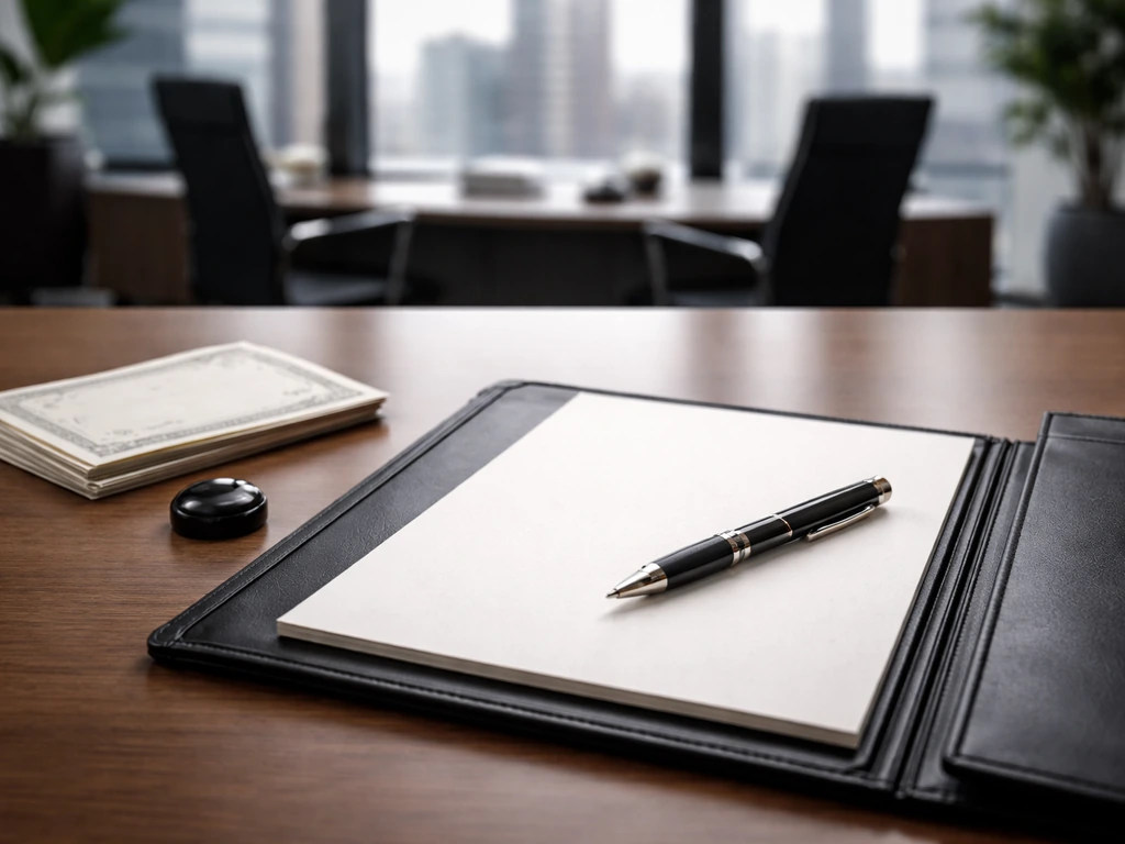 Minimal investment-office desk with blank paperwork and generic share certificates, suggesting equity and management inc
