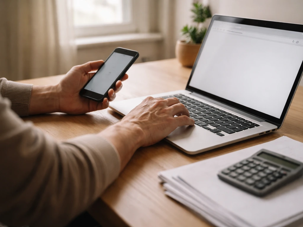 Person at a desk reviewing finance websites and documents with a laptop and smartphone nearby