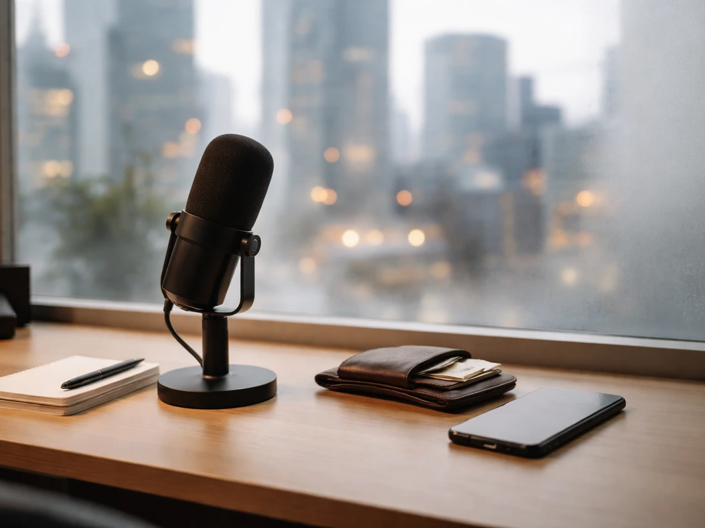 Modern office desk with microphone and wallet, Tokyo city bokeh background symbolizing game-industry wealth