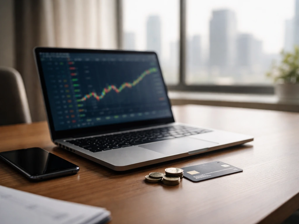Anonymous desk with laptop and blurred market screen, coins, and phone suggesting stock-price impact
