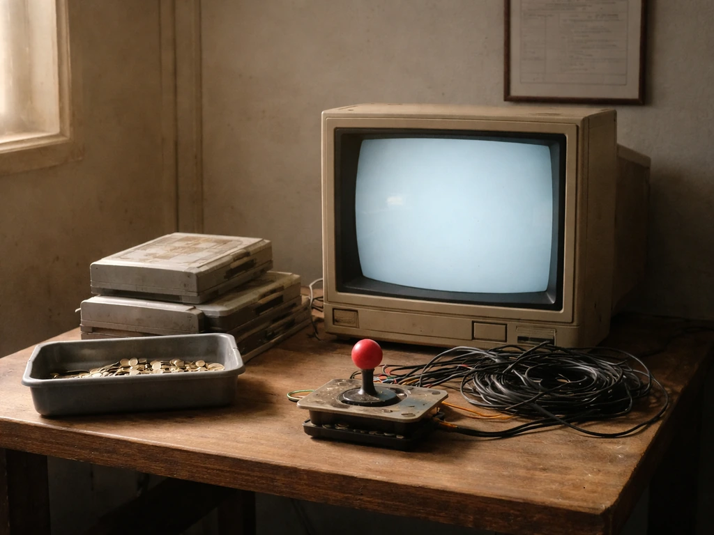 Vintage CRT, unlabeled game cartridges, joystick, and coins on a simple arcade workspace table