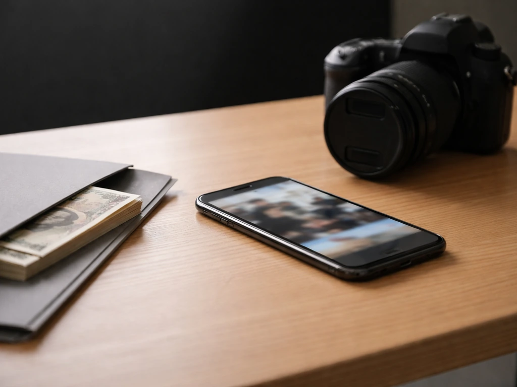 Minimal photo of a smartphone, camera, and money-related props on a desk symbolizing celebrity wealth searches.