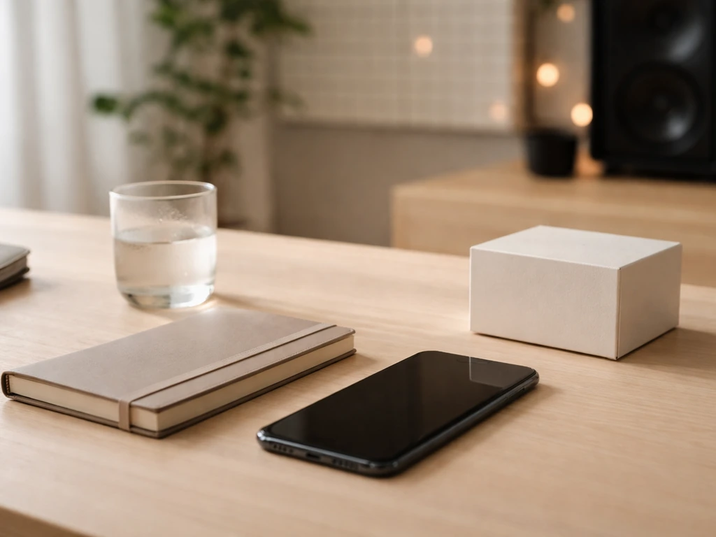 Minimal photo of a Japanese-style desk with luxury coffee, smartphone, and a subtle brand partnership vibe