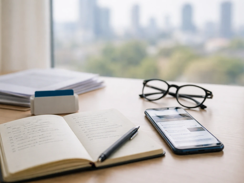 Minimal desk scene with notebook, smartphone news page, glasses, and printed pages for verifying media claims.