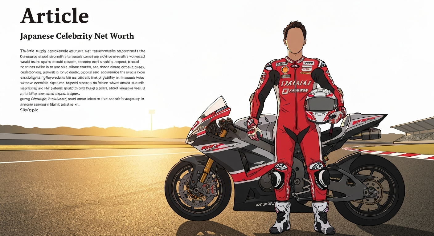 Stylized illustration of a Japanese MotoGP rider in red-and-white livery holding a helmet at a racetrack, with space for headline text.