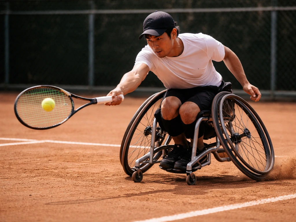 Wheelchair tennis player in motion on a clay court, captured mid-rally with a focused expression.