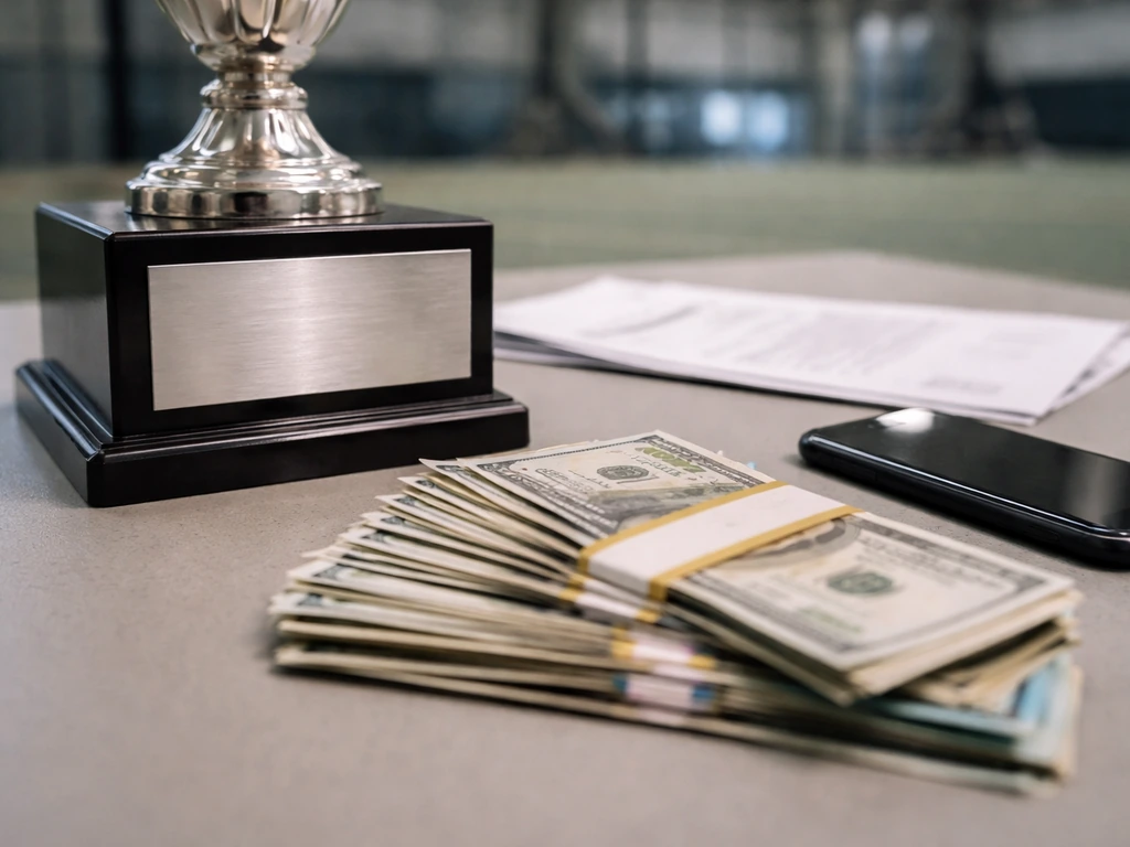 Close-up of a blank trophy base beside cash and blurred sports documents on a simple table.