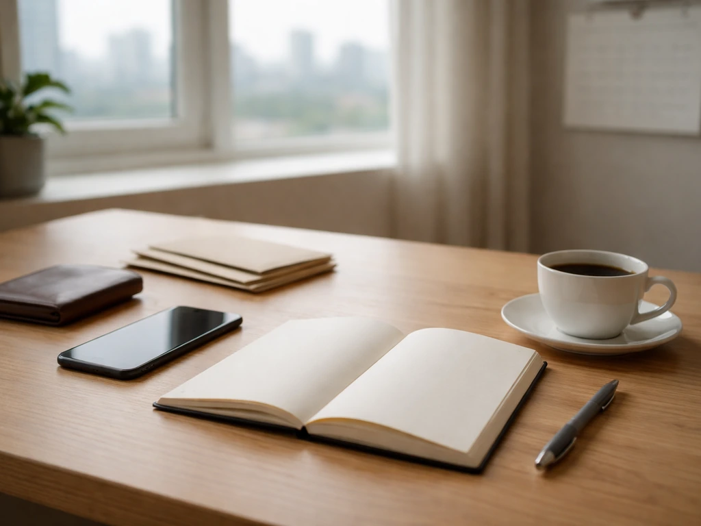 Minimal home office desk with wallet, blank notebook, and phone, symbolizing how net worth estimates are built.
